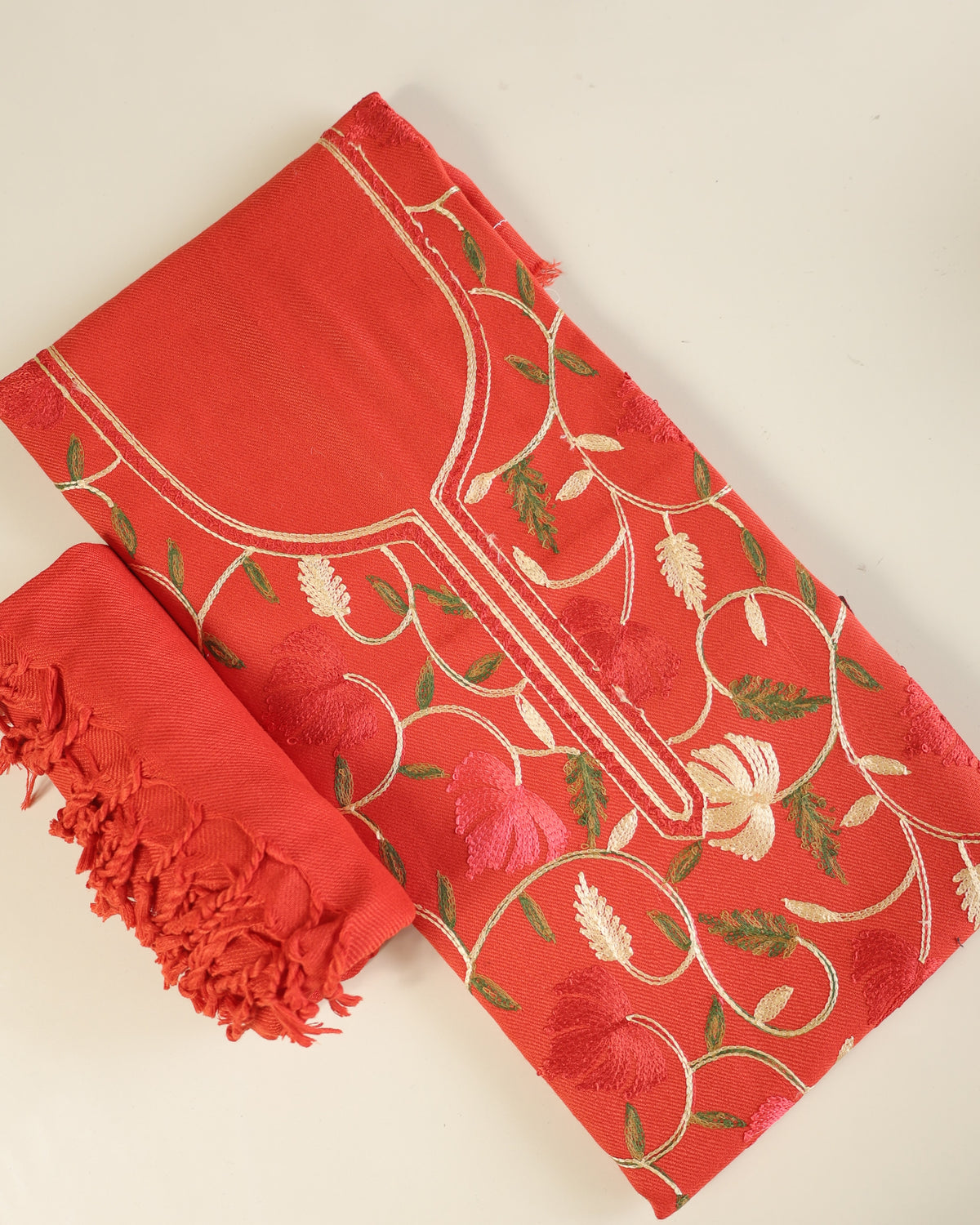 Gulnar – Kashmiri Inspired Aari Work Unstitched 3-Piece Suit Set (RED)