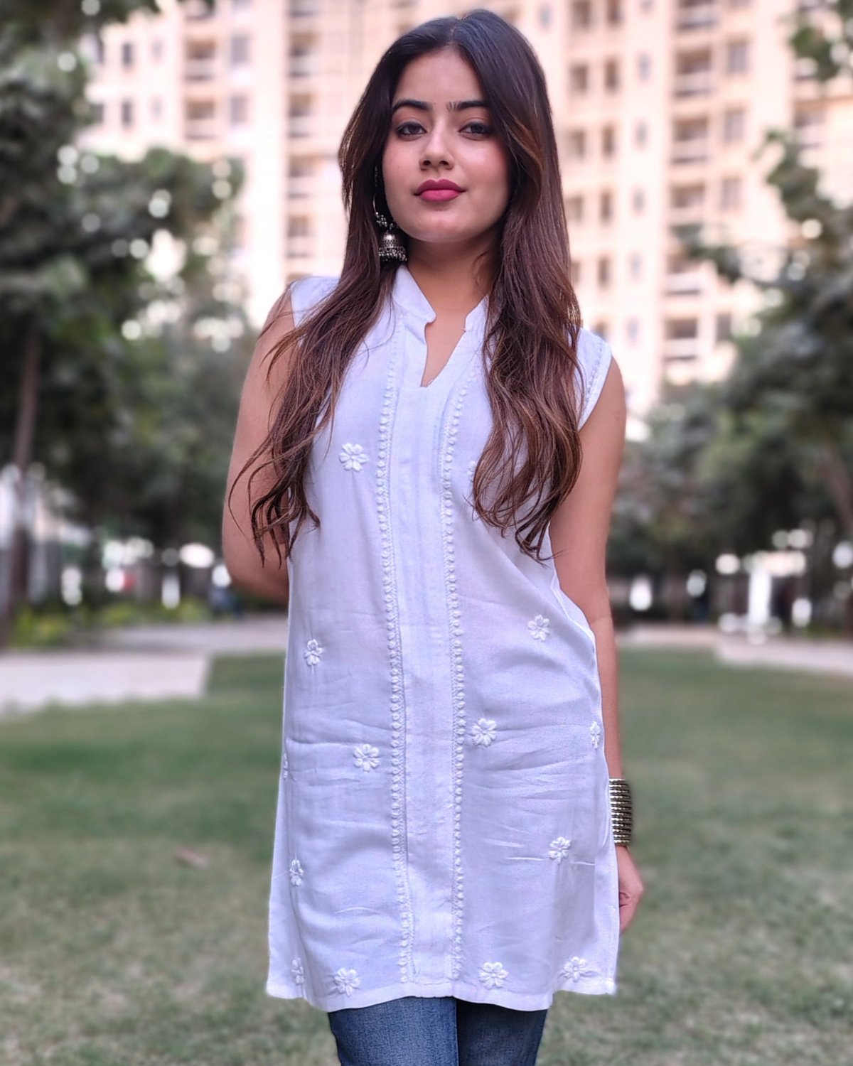 White  Luxury Rayon Chikankari Sleeveless Top