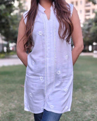 White  Luxury Rayon Chikankari Sleeveless Top