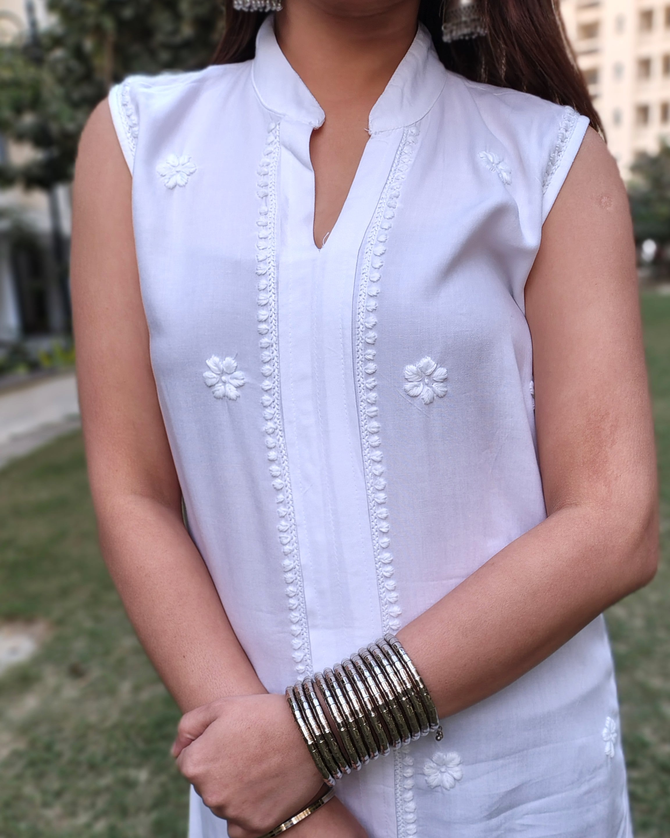White  Luxury Rayon Chikankari Sleeveless Top