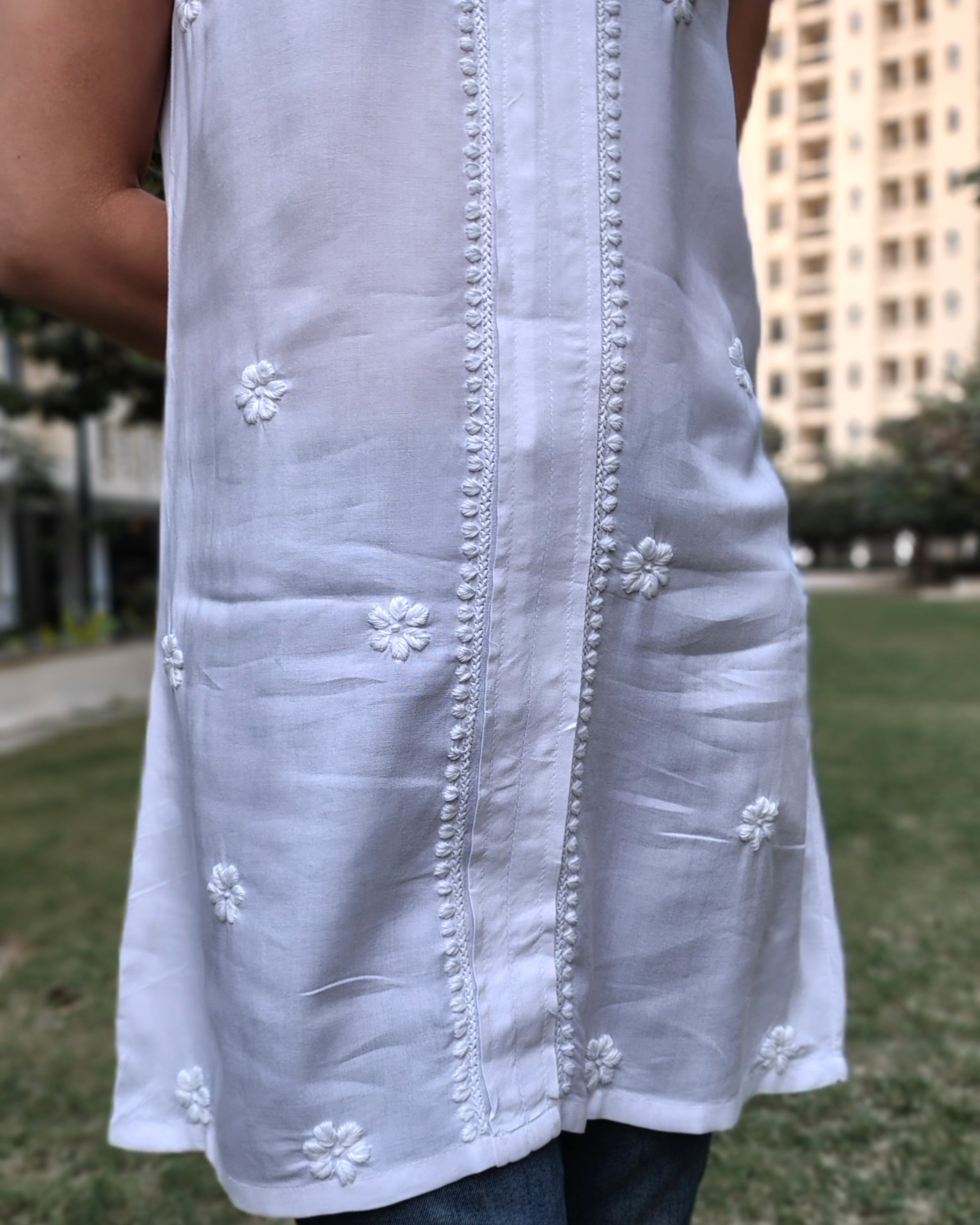 White  Luxury Rayon Chikankari Sleeveless Top