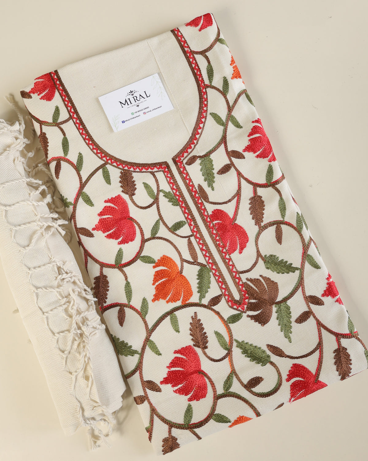 Gulnar – Kashmiri Inspired Aari Work Unstitched 3-Piece Suit Set (WHITE)