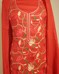 Gulnar – Kashmiri Inspired Aari Work Unstitched 3-Piece Suit Set (RED)