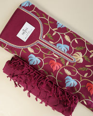 Gulnar – Kashmiri Inspired Aari Work Unstitched 3-Piece Suit Set (MAROON)