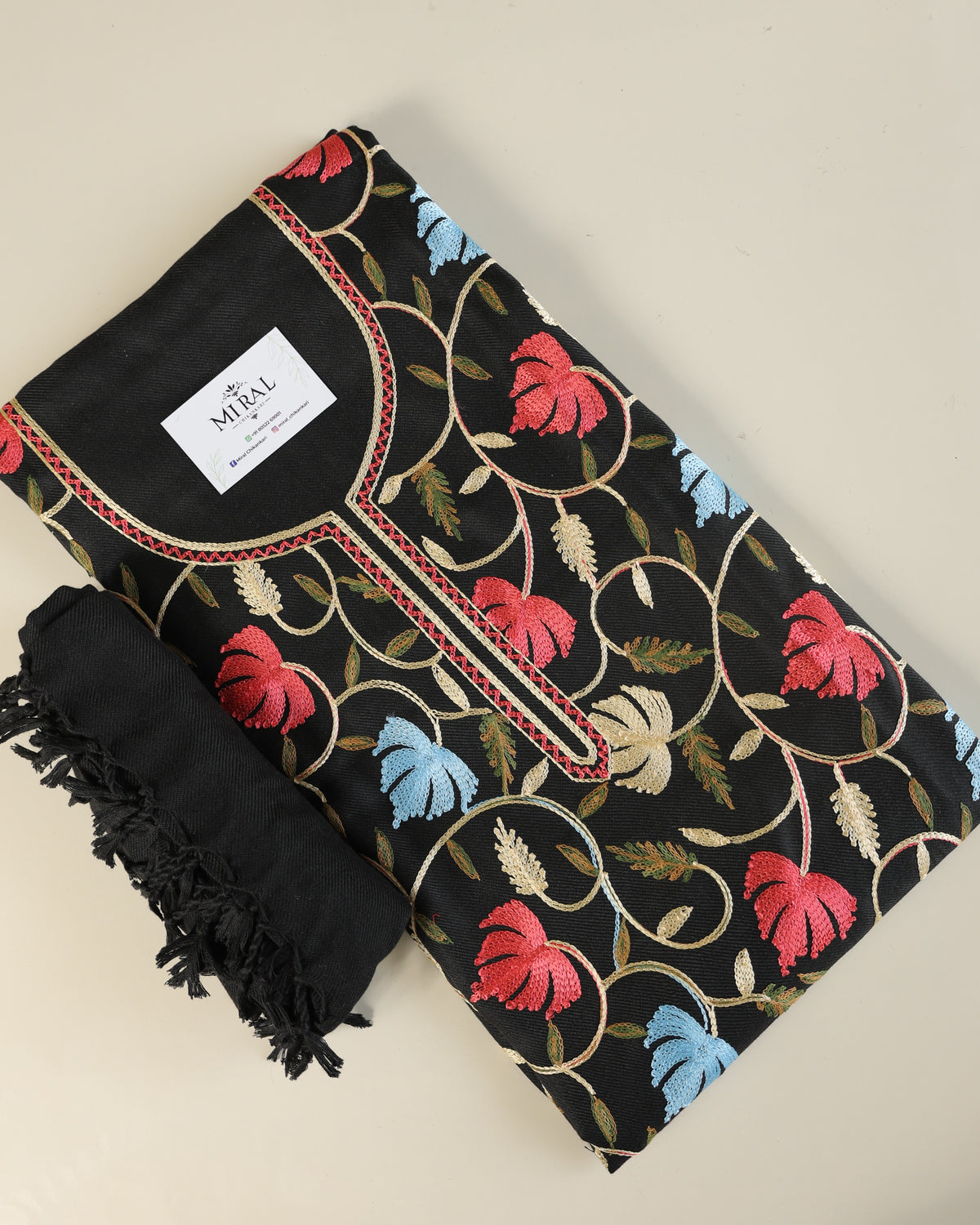 Gulnar – Kashmiri Inspired Aari Work Unstitched 3-Piece Suit Set (BLACK)