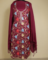 Gulnar – Kashmiri Inspired Aari Work Unstitched 3-Piece Suit Set (MAROON)