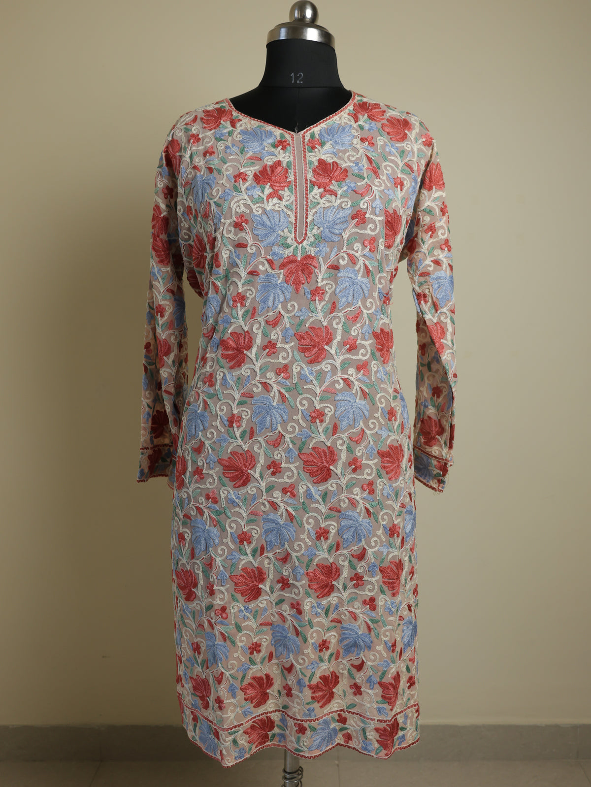 LAILA – Kashmiri Inspired Aari Work Semi-Stitched Georgette Kurta (Beige)