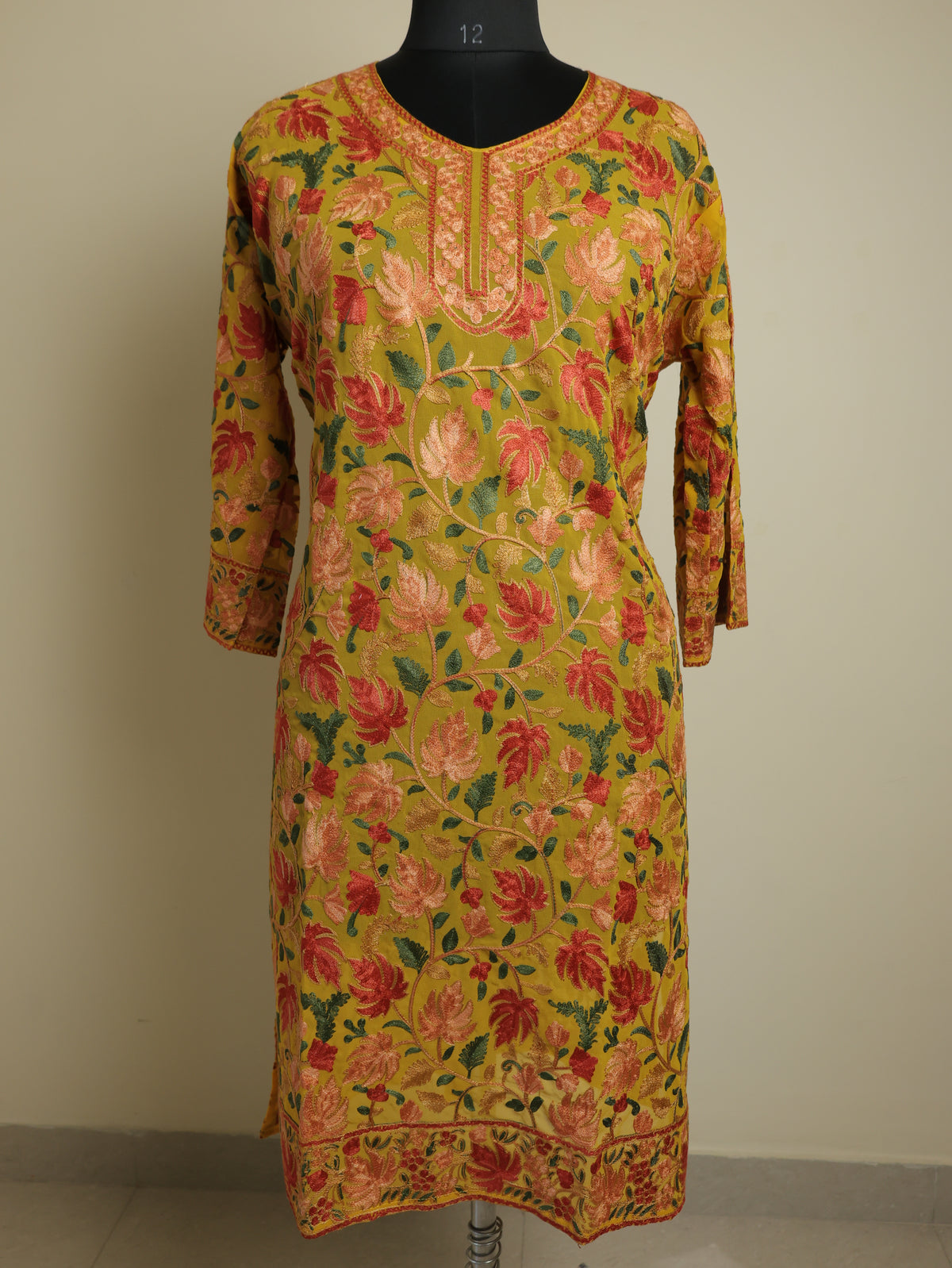 LAILA – Kashmiri Inspired Aari Work Semi-Stitched Georgette Kurta (Mustard Yellow)