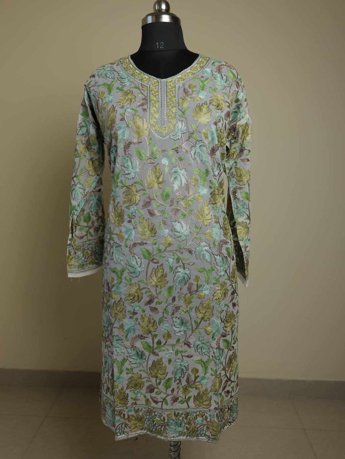 LAILA – Kashmiri Inspired Aari Work Semi-Stitched Georgette Kurta (Silver)