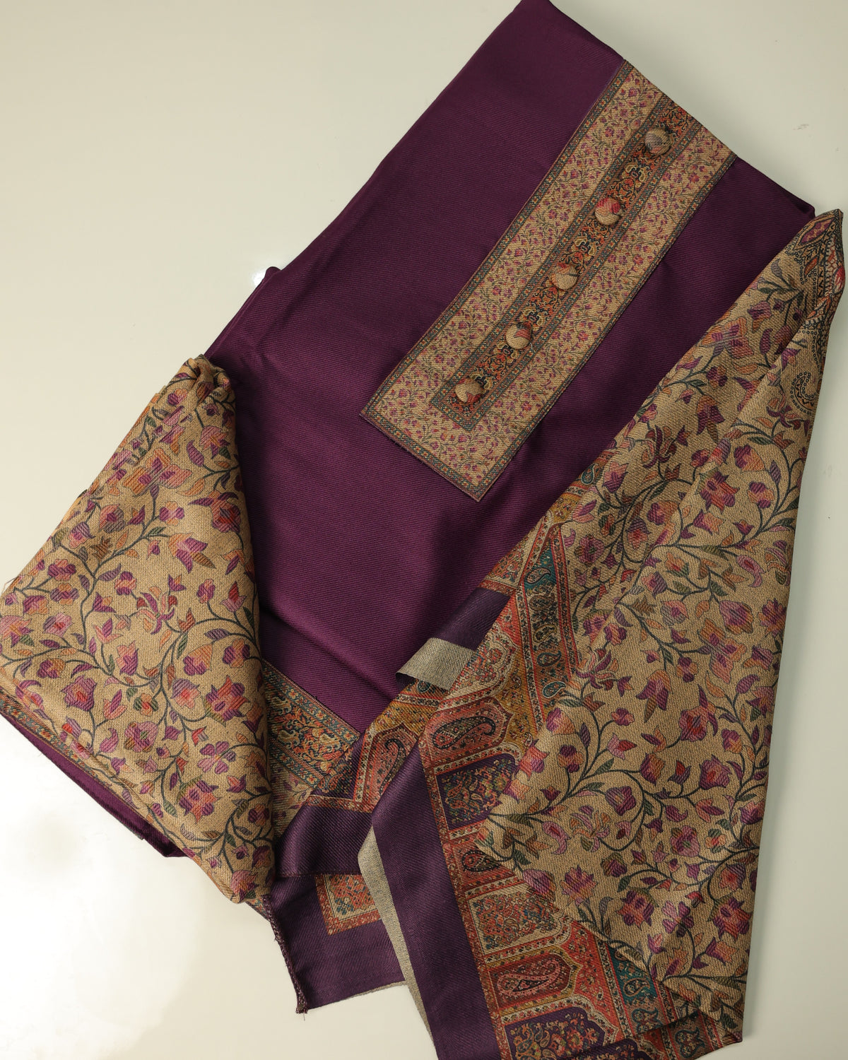 SAFFIYA 3-piece Unstitched Suit set (Wine with Printed Bottom)