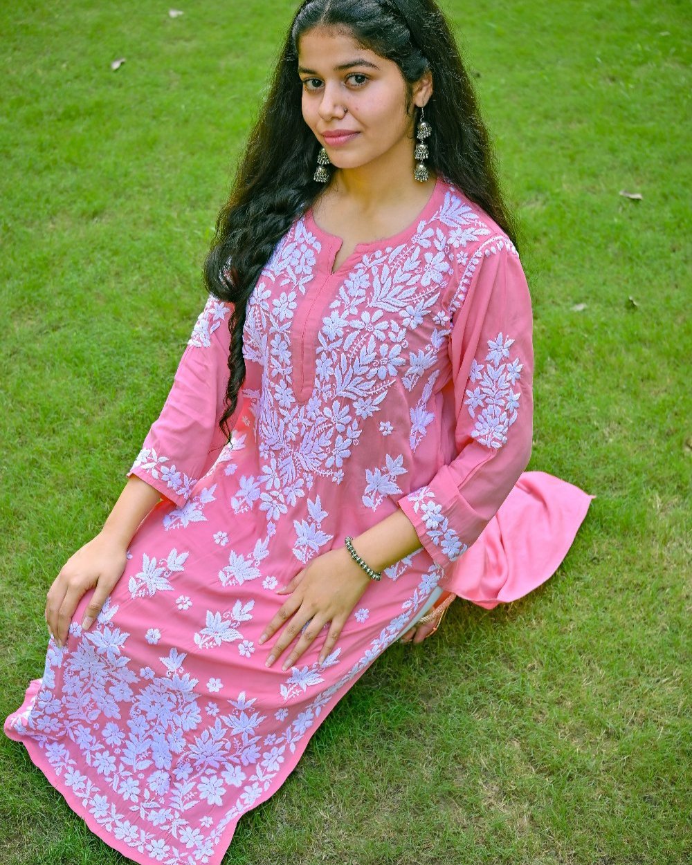 Sana Modal Carrot Pink Chikankari Kurta