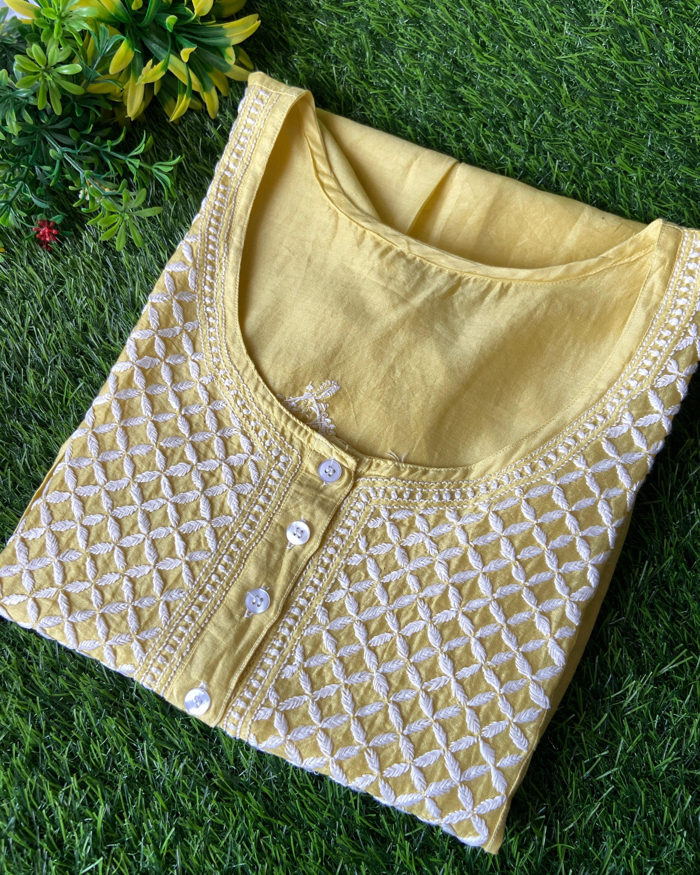 Tunic Style Chanderi Silk Chikankari Short Kurta-TEAL GREEN