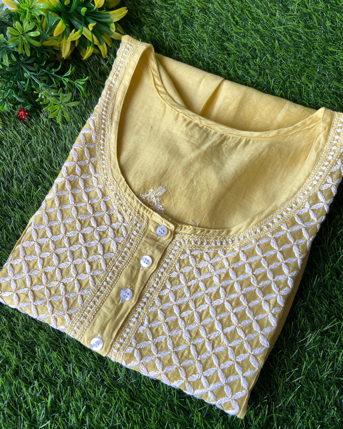 Tunic Style Chanderi Silk Chikankari Short Kurta - MARIGOLD YELLOW