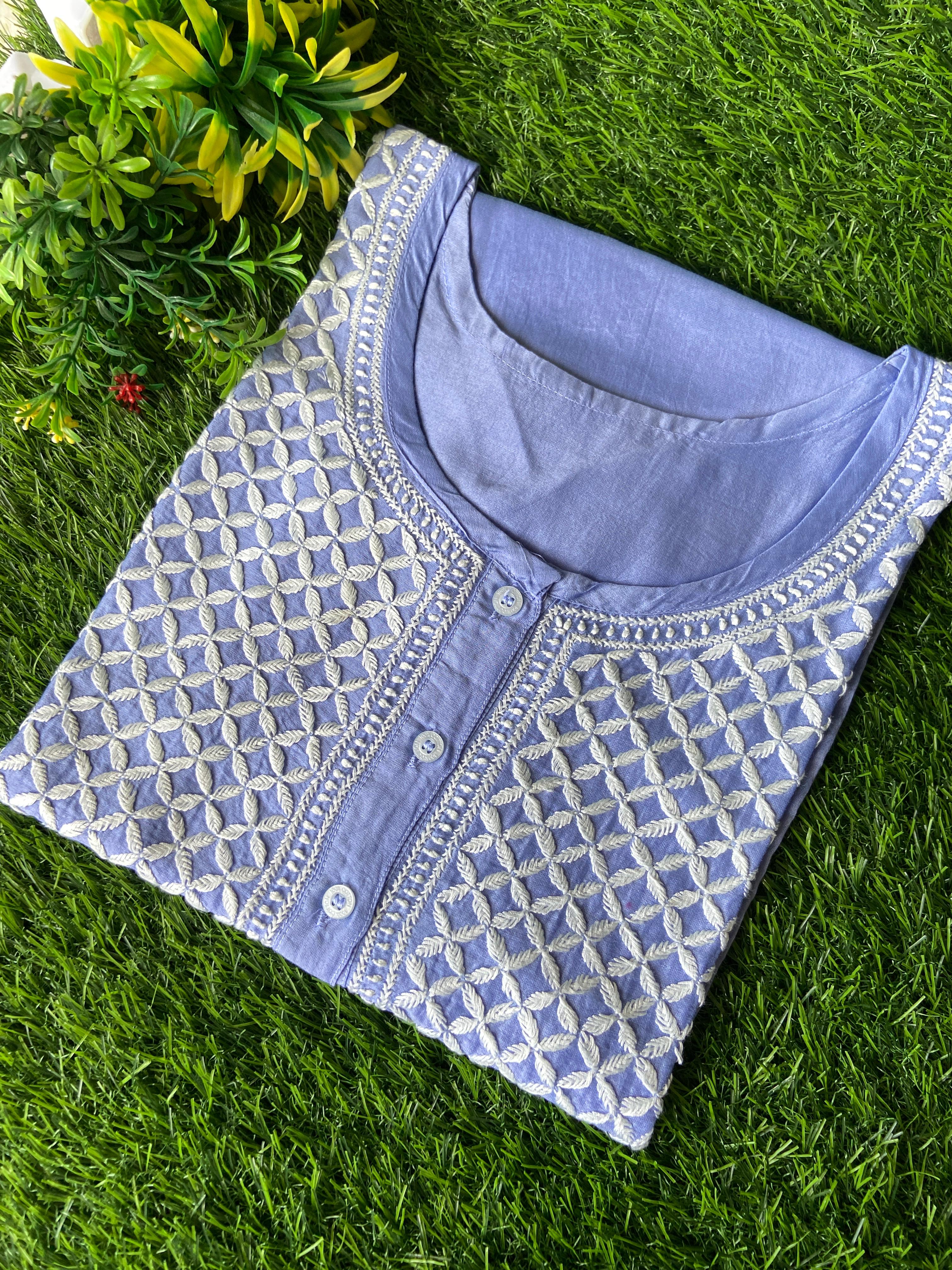 Tunic Style Chanderi Silk Chikankari Short Kurta-TEAL GREEN
