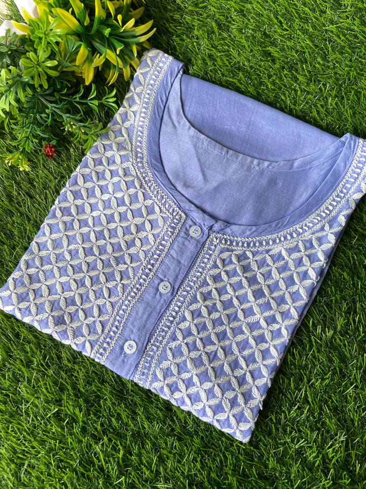 Tunic Style Chanderi Silk Chikankari Short Kurta-POWDER BLUE