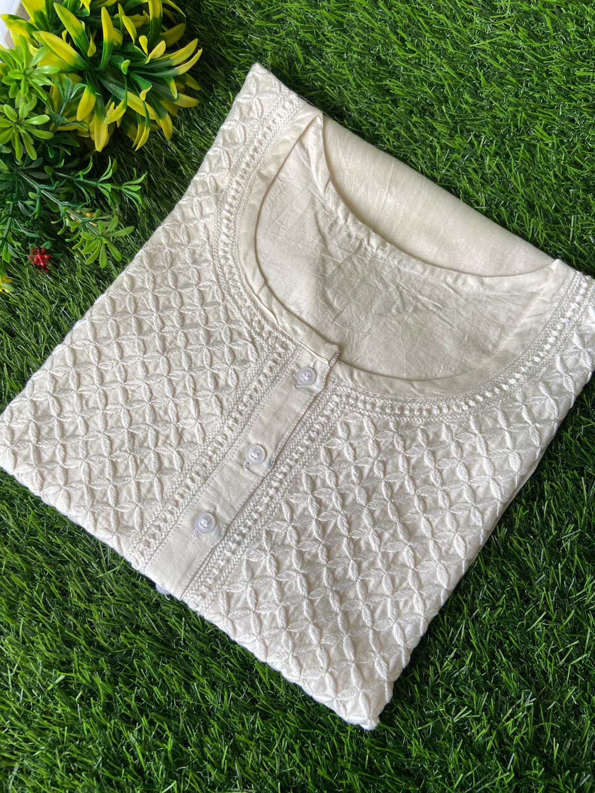 Tunic Style Chanderi Silk Chikankari Short Kurta - WHITE