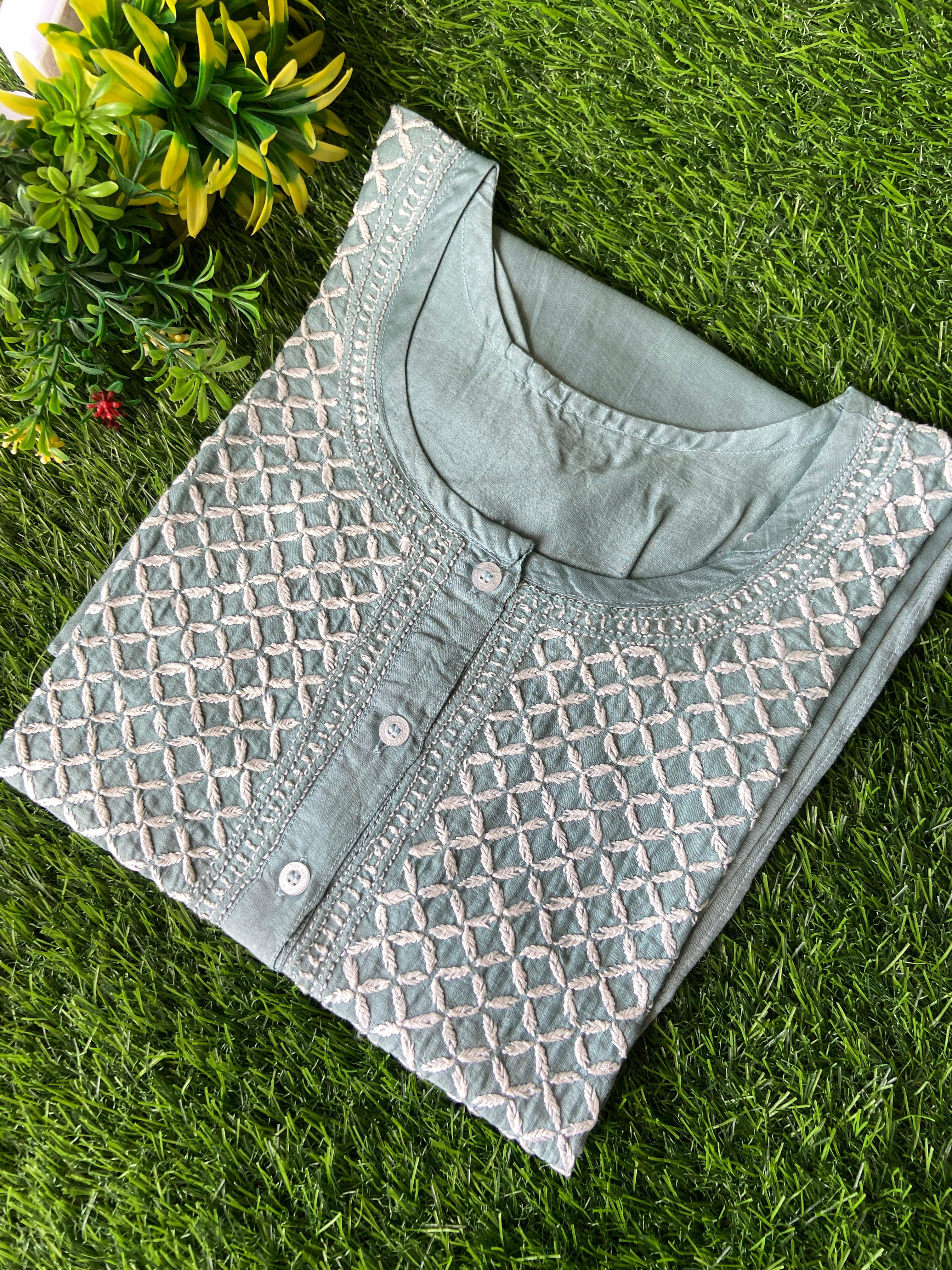 Tunic Style Chanderi Silk Chikankari Short Kurta-TEAL GREEN