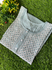 Tunic Style Chanderi Silk Chikankari Short Kurta-TEAL GREEN