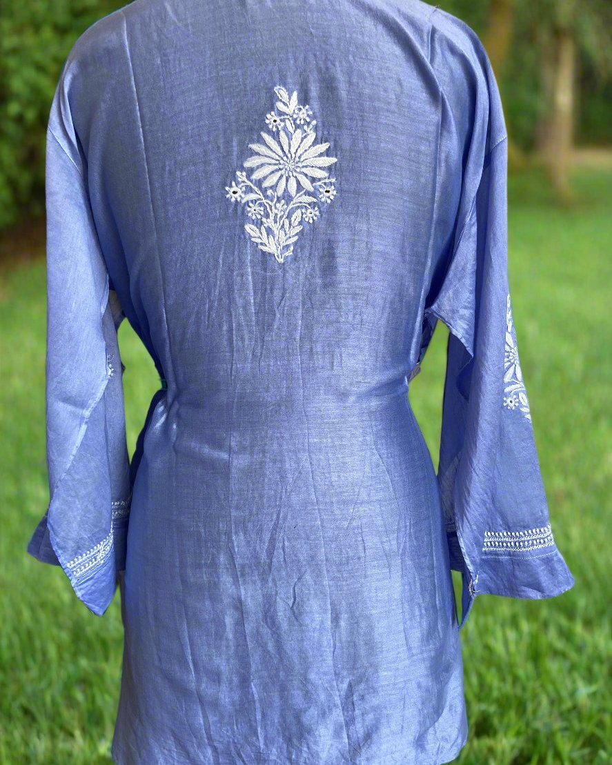 Tunic Style Chanderi Silk Chikankari Short Kurta-TEAL GREEN