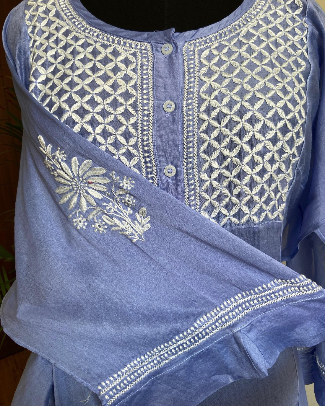Tunic Style Chanderi Silk Chikankari Short Kurta-TEAL GREEN