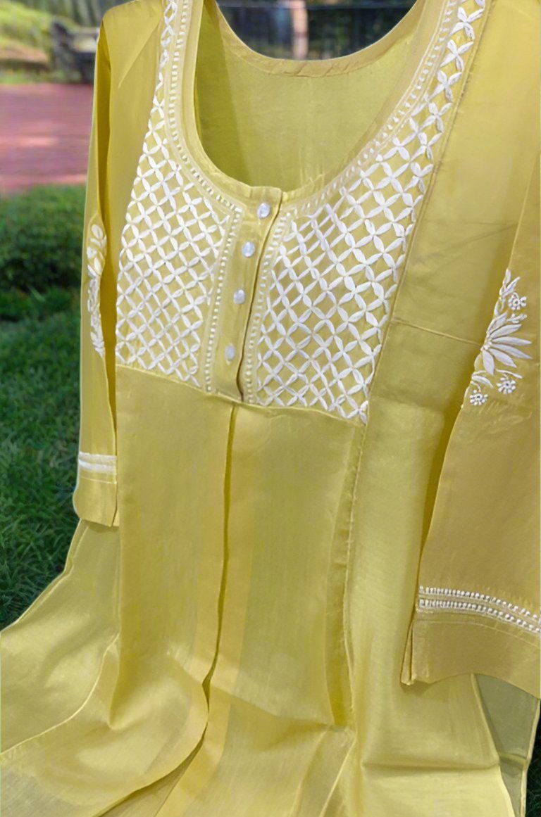 Tunic Style Chanderi Silk Chikankari Short Kurta - MARIGOLD YELLOW