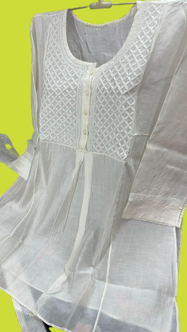 Tunic Style Chanderi Silk Chikankari Short Kurta-TEAL GREEN