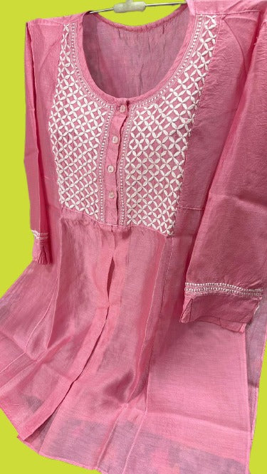 Tunic Style Chanderi Silk Chikankari Short Kurta-BLUSH PINK