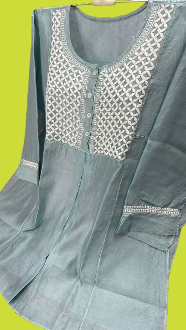 Tunic Style Chanderi Silk Chikankari Short Kurta-TEAL GREEN