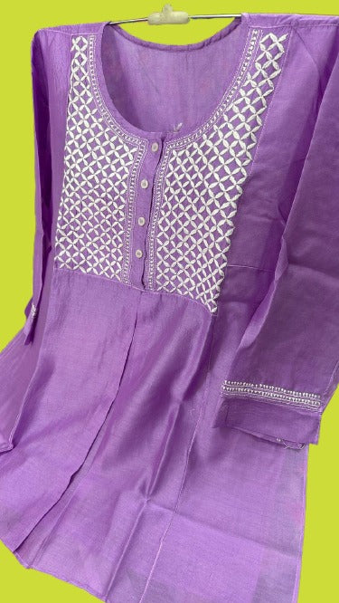 Tunic Style Chanderi Silk Chikankari Short Kurta-TEAL GREEN