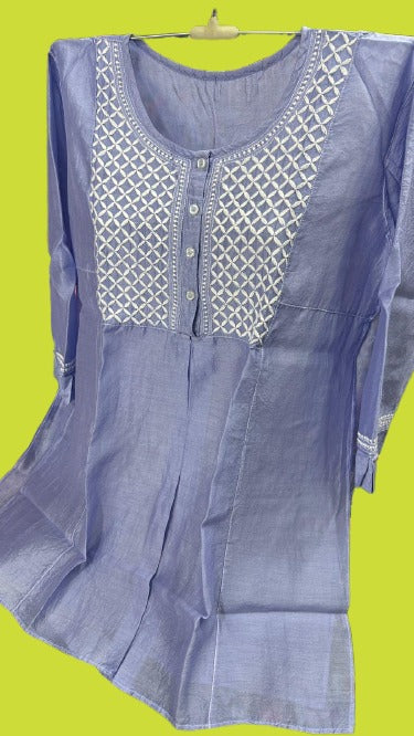 Tunic Style Chanderi Silk Chikankari Short Kurta-TEAL GREEN