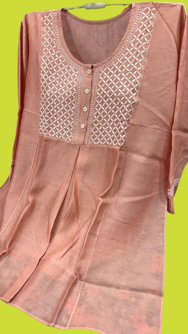 Tunic Style Chanderi Silk Chikankari Short Kurta-TEAL GREEN