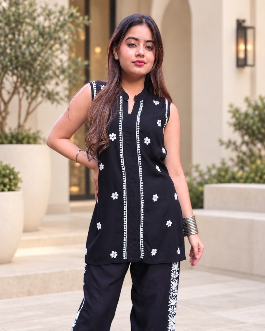 Black Floral Rayon 2-pc Co-ord set
