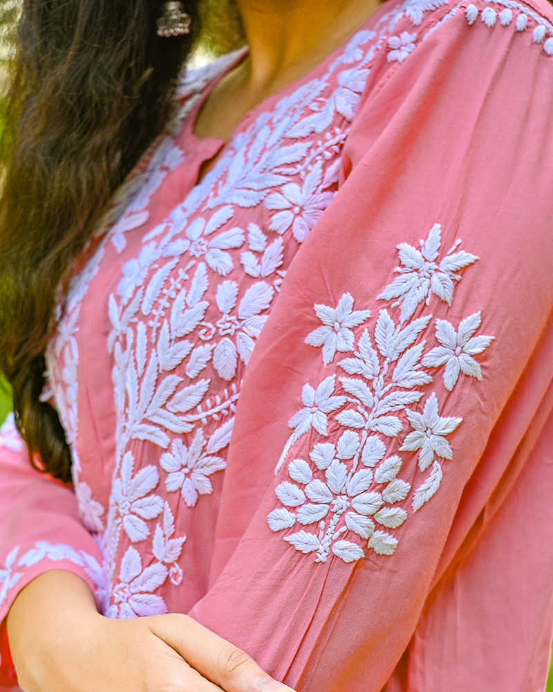 Sana Modal Carrot Pink Chikankari Kurta