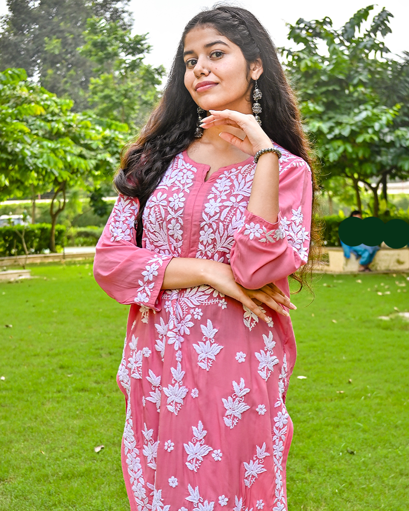 Sana Modal Carrot Pink Chikankari Kurta