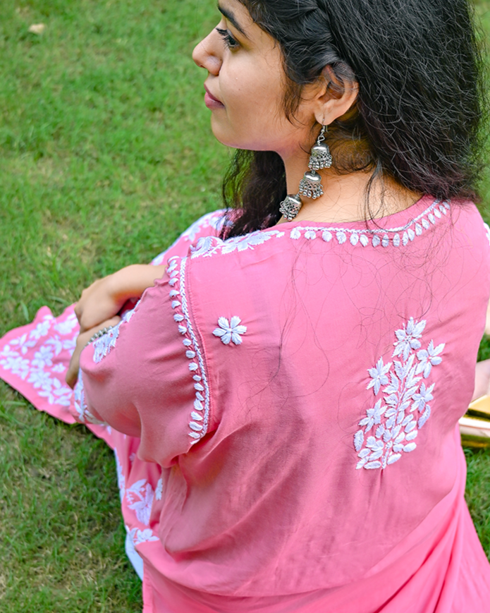 Sana Modal Carrot Pink Chikankari Kurta