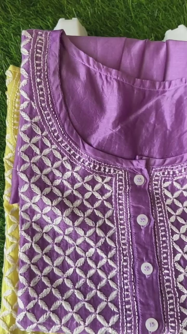 Tunic Style Chanderi Silk Chikankari Short Kurta-RUST ORANGE