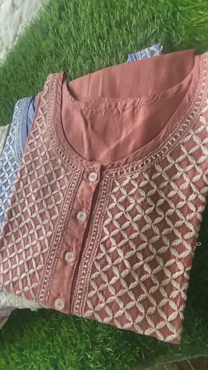 Tunic Style Chanderi Silk Chikankari Short Kurta-RUST ORANGE