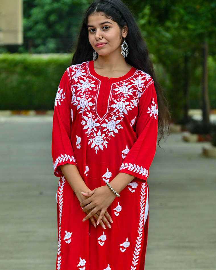 Mira  Red Modal  Chikankari Kurta